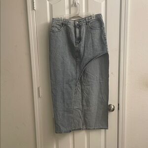 Boohoo Light Wash Denim Midi Skirt with Asymmetrical Cut